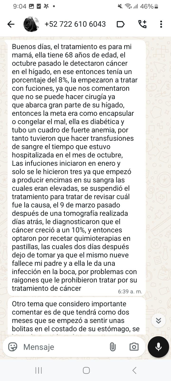 Testimonio de Familiar de paciente vía WhatsApp, captura 1