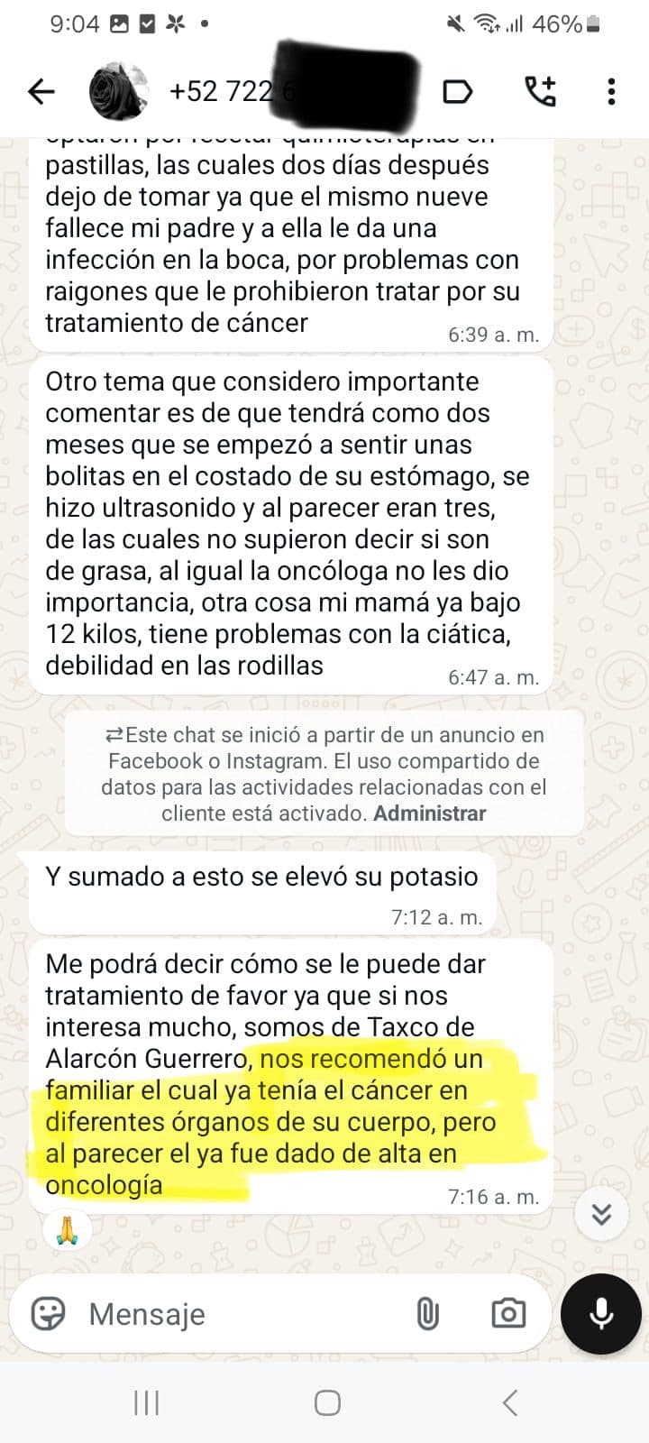 Testimonio de Familiar de paciente vía WhatsApp, captura 2